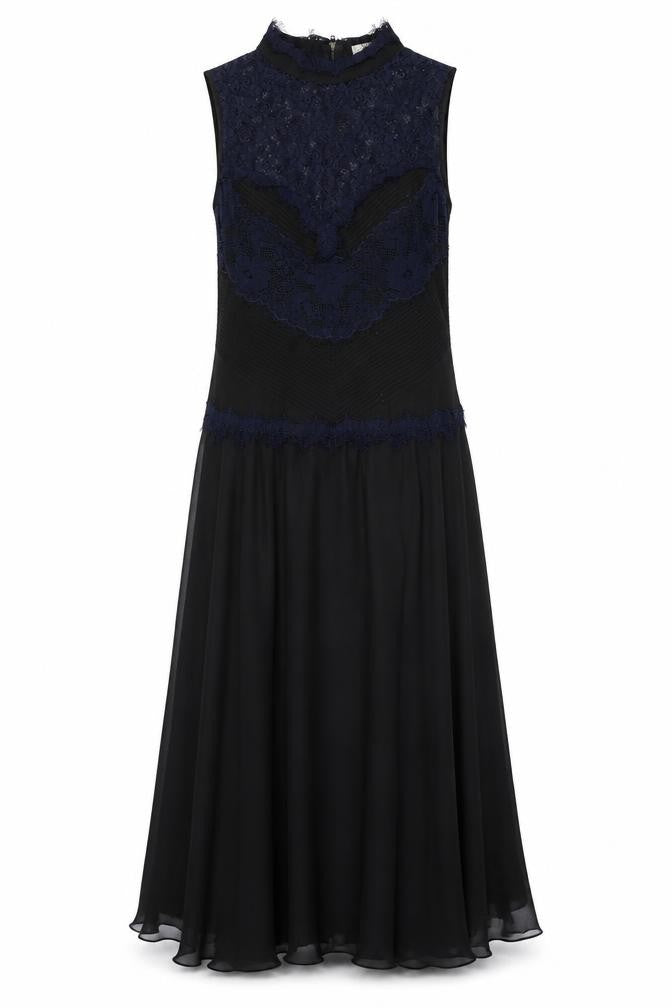 Front view of Label Lab women’s black geometric polyester maxi, size UK 12, round neck zip