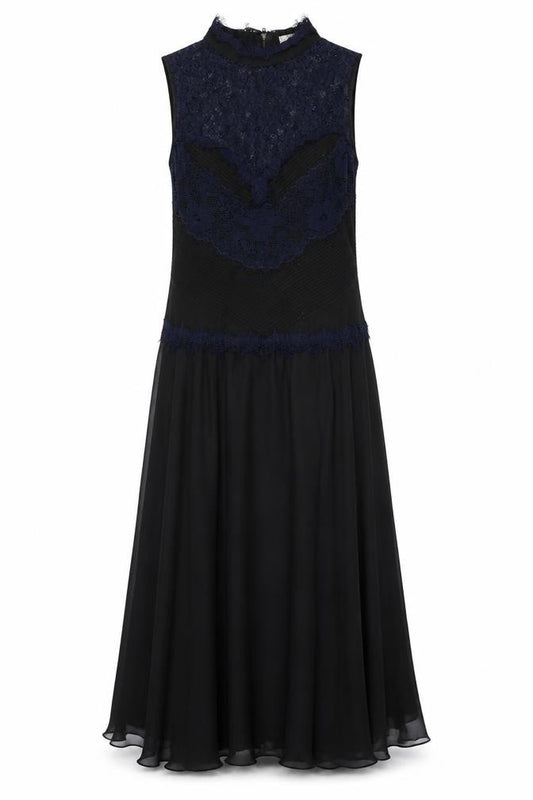 Front view of Label Lab women’s black geometric polyester maxi, size UK 12, round neck zip