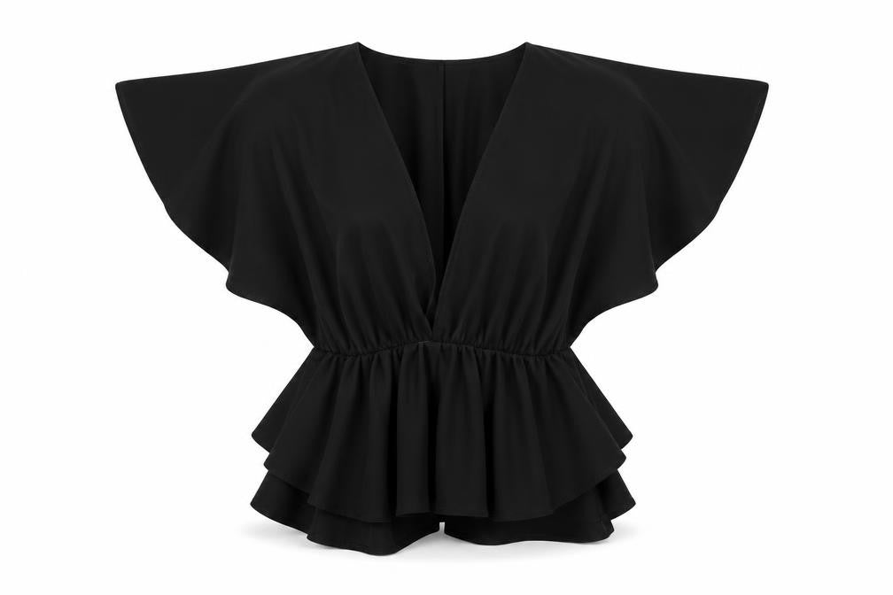 Front view of PRETTYLITTLETHING women’s black polyester basic blouse, size UK 8, v-neck