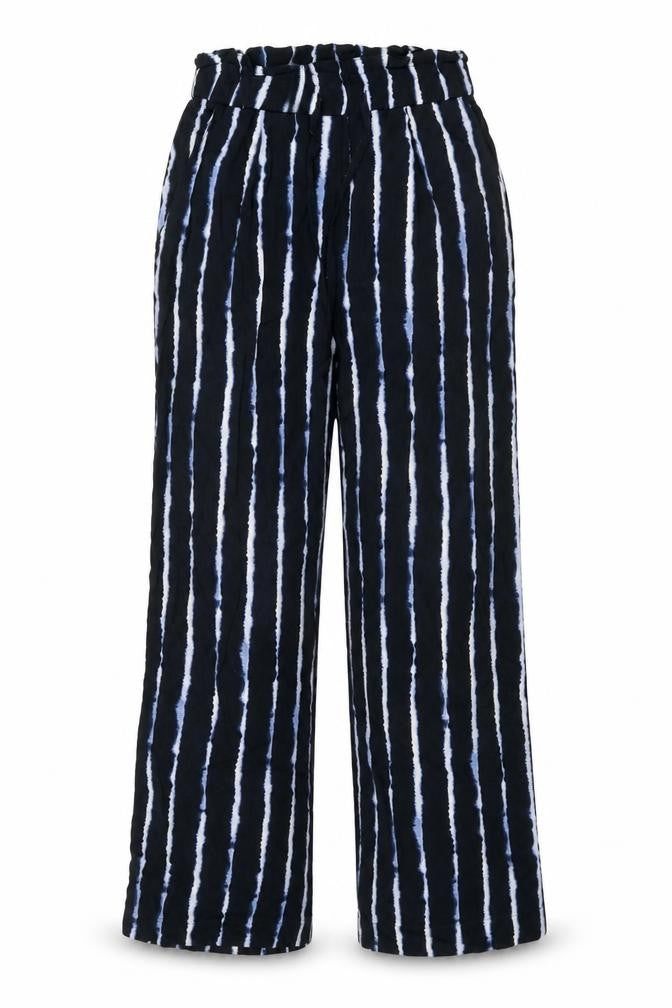 Front view of H&M women’s black geometric viscose trousers, size UK 8, 29-inch leg regular drawstring