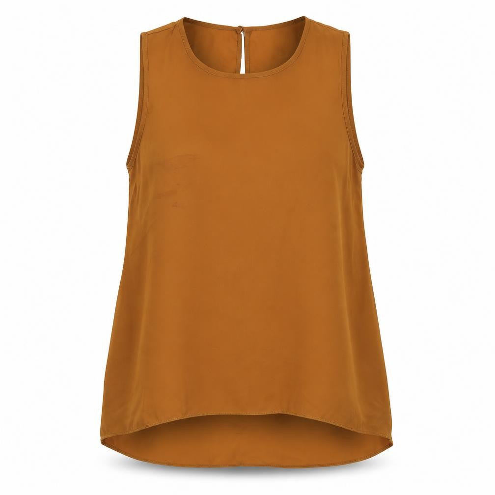 Front view of Dorothy Perkins women’s brown polyester basic t-shirt, size UK 14, round neck