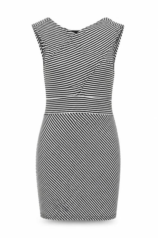 Front view of Boohoo women’s white striped polyester bodycon, size UK 12, v-neck pullover