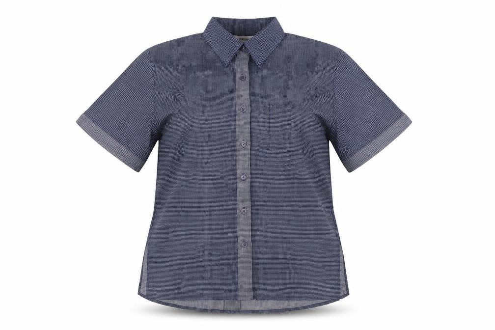 Front view of gabrielle women’s blue geometric polyester basic button-up, size UK 16, collared