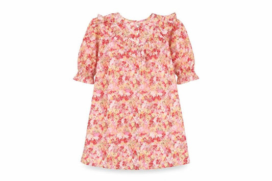 Front view of Next girls’ pink floral cotton shift, size 12, years round neck button