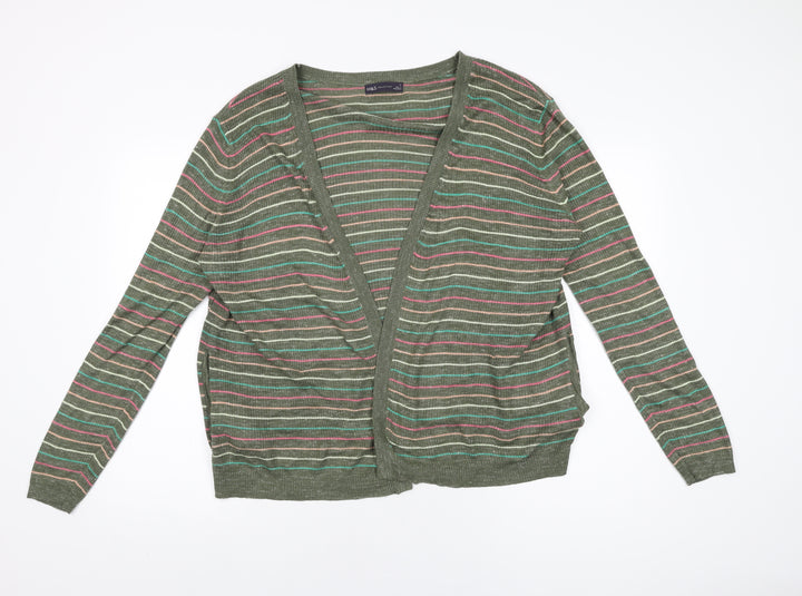 Marks and Spencer Womens Green V-Neck Striped Polyester Cardigan Jumper Size L