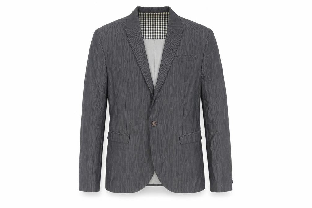 Front view of River Island men’s grey striped jacket blazer, size M, button
