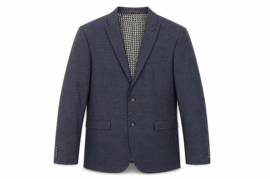 Front view of Next men’s blue plaid polyester jacket suit jacket, size 44, regular