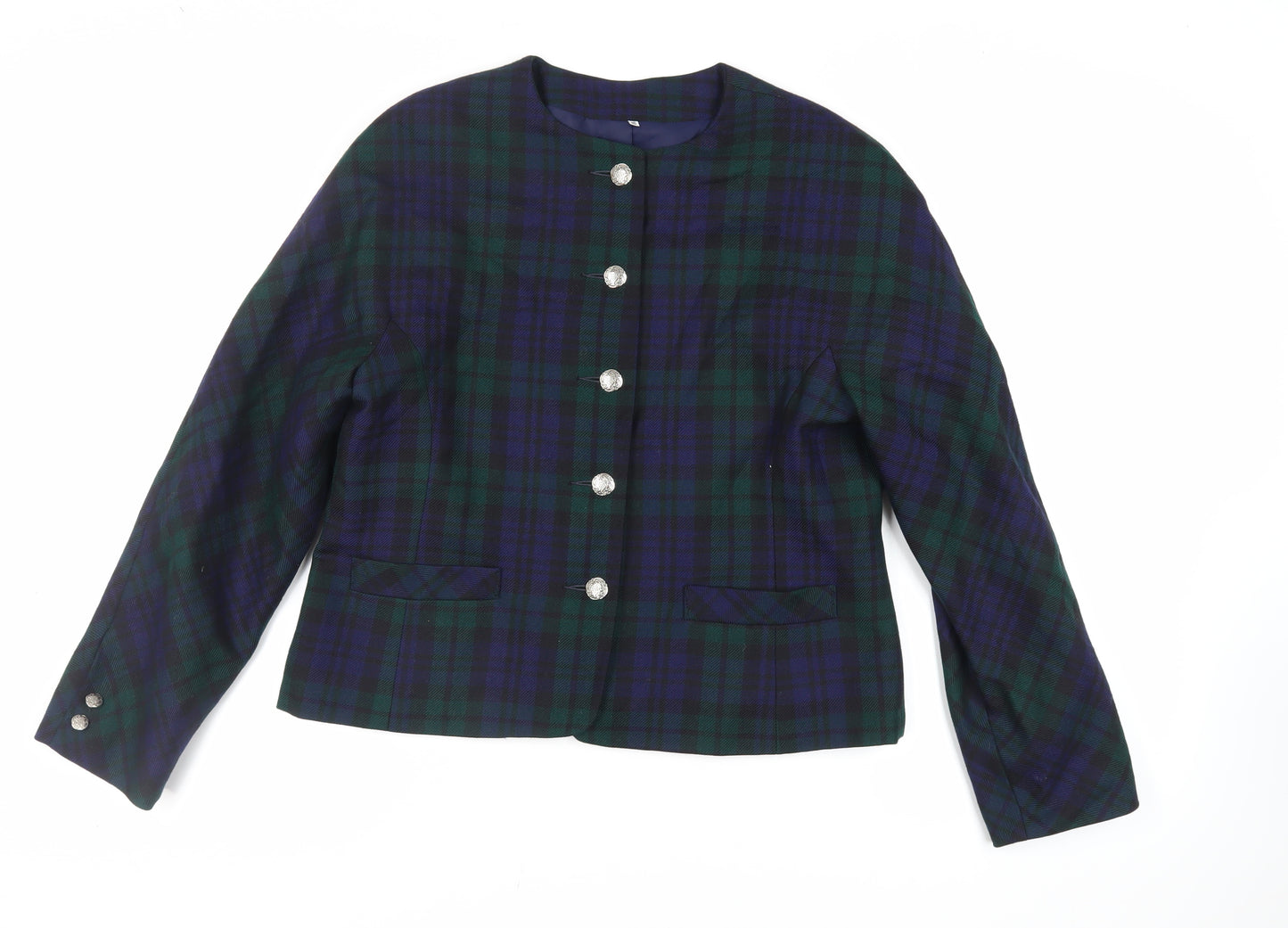 Edinburgh Womens Blue Plaid Jacket Blazer Size 16 Button - Vintage