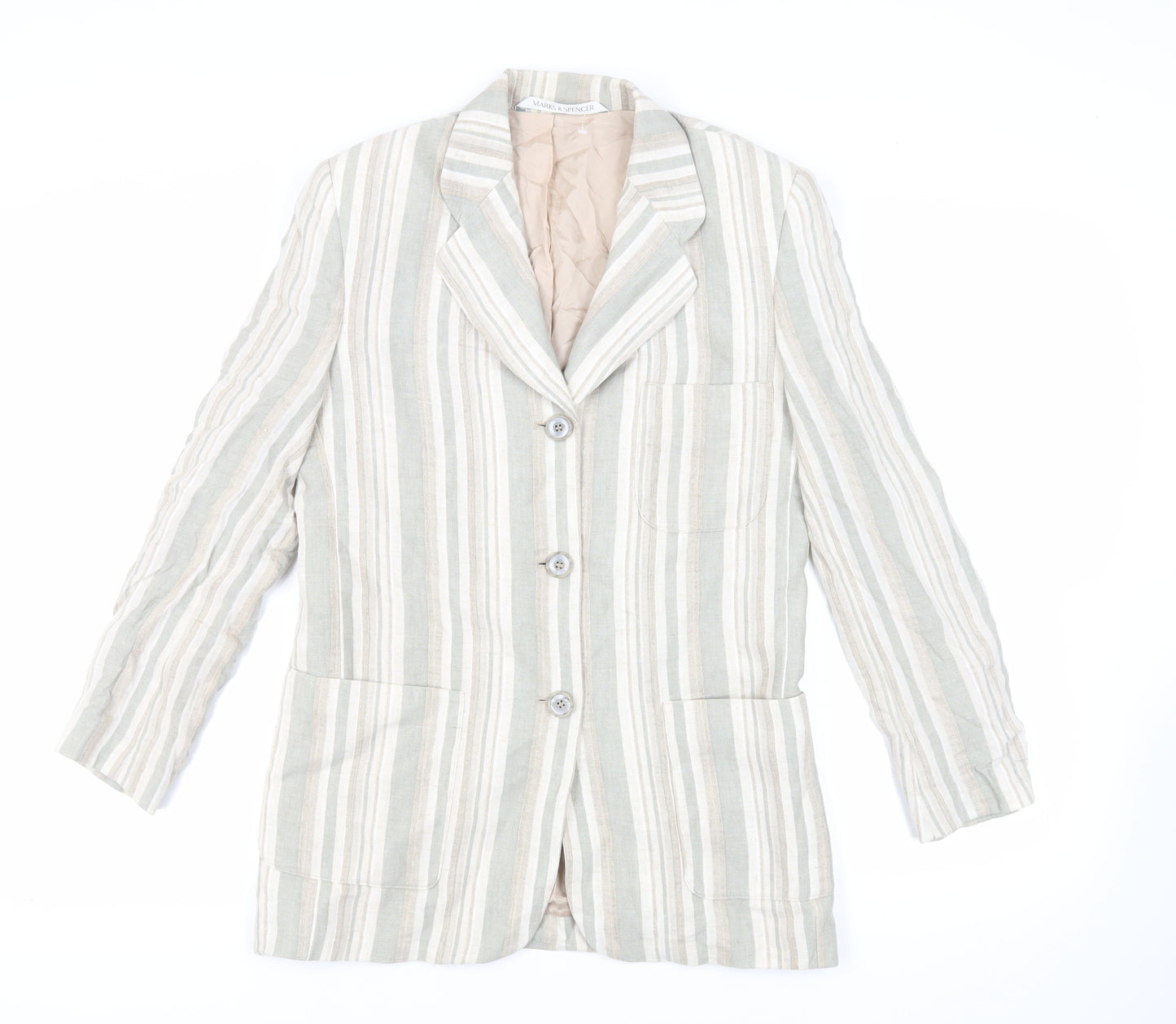 St Michael Womens Green Striped Jacket Blazer Size 10 Button - Vintage