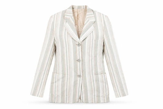 Front view of St Michael women’s green striped jacket blazer, size UK 10, button - vintage