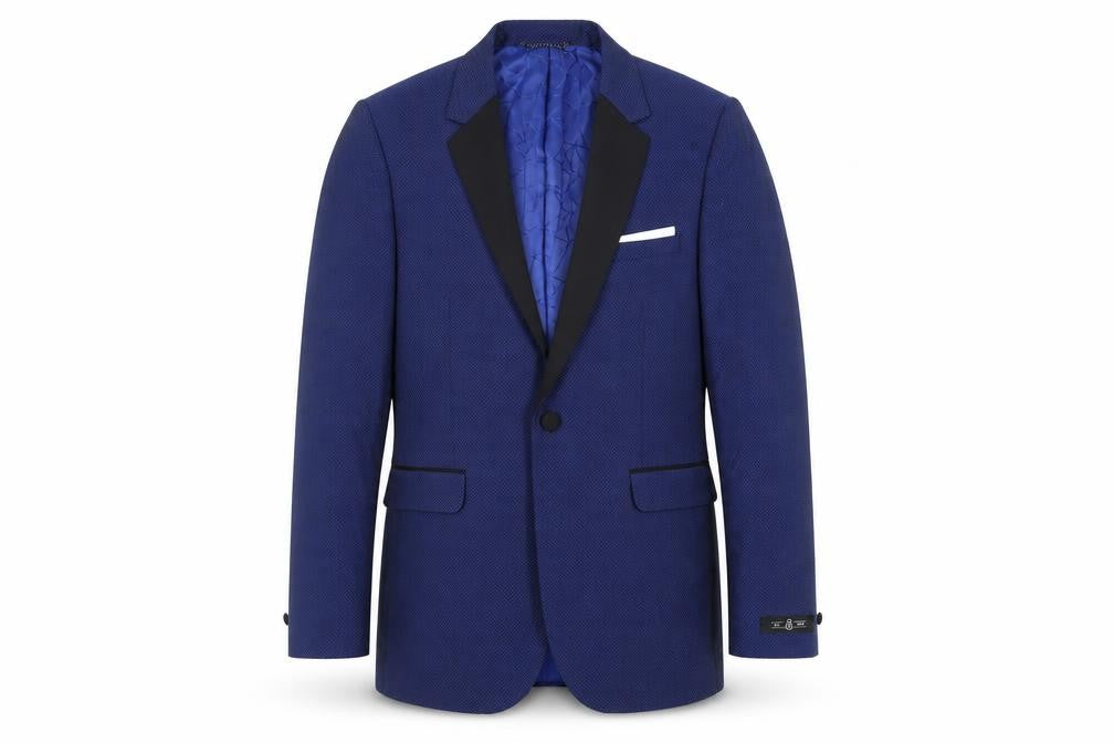 Front view of Burton men’s blue geometric polyester tuxedo blazer, size 40, regular