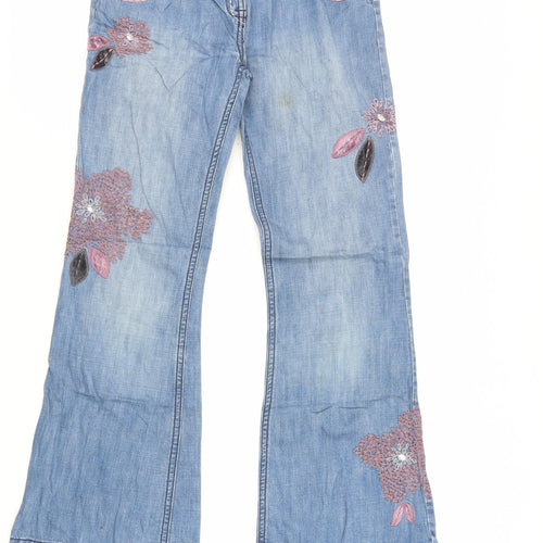 NEXT Girls Blue Cotton Flared Jeans Size 12 Years Regular Zip - Embroidered