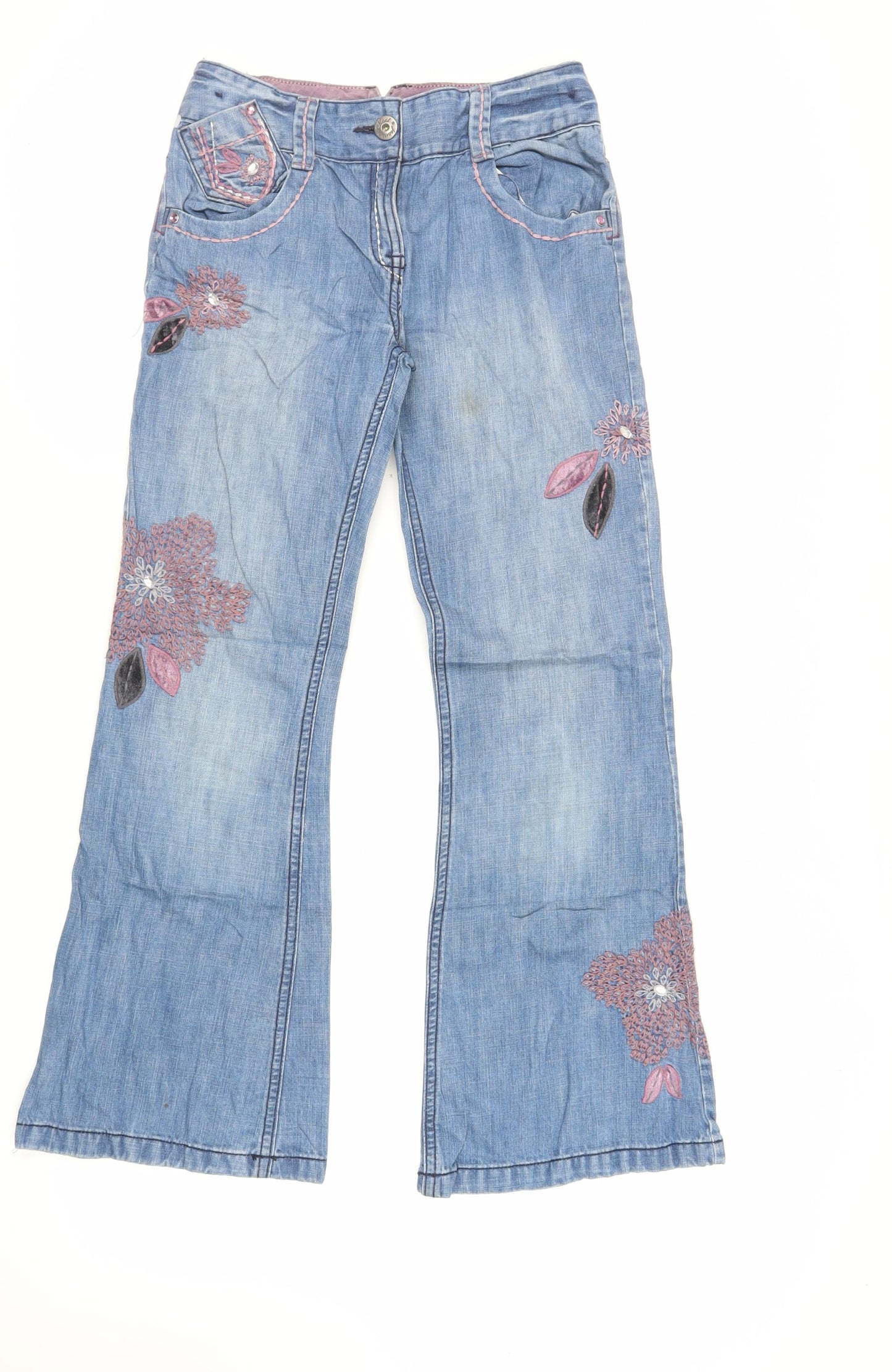 NEXT Girls Blue Cotton Flared Jeans Size 12 Years Regular Zip - Embroidered