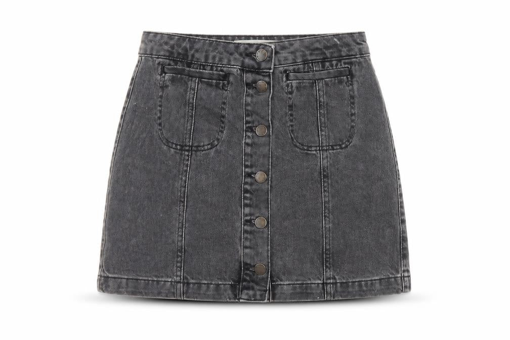 Front view of Topshop women’s grey cotton mini skirt, size UK 28, in button - pockets