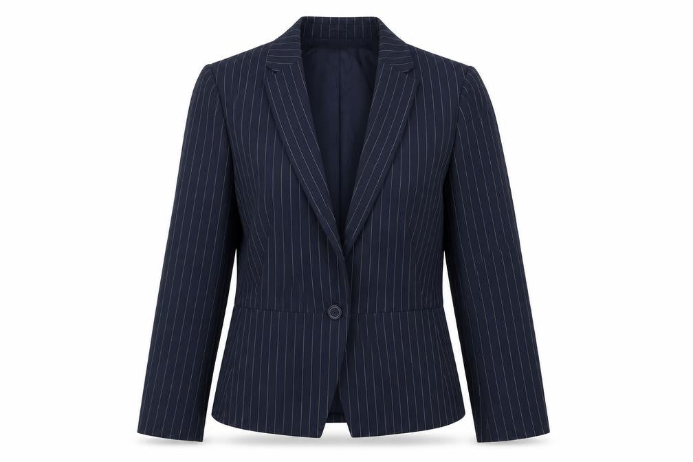 Front view of Marks & Spencer women’s blue striped jacket blazer, size UK 10, button