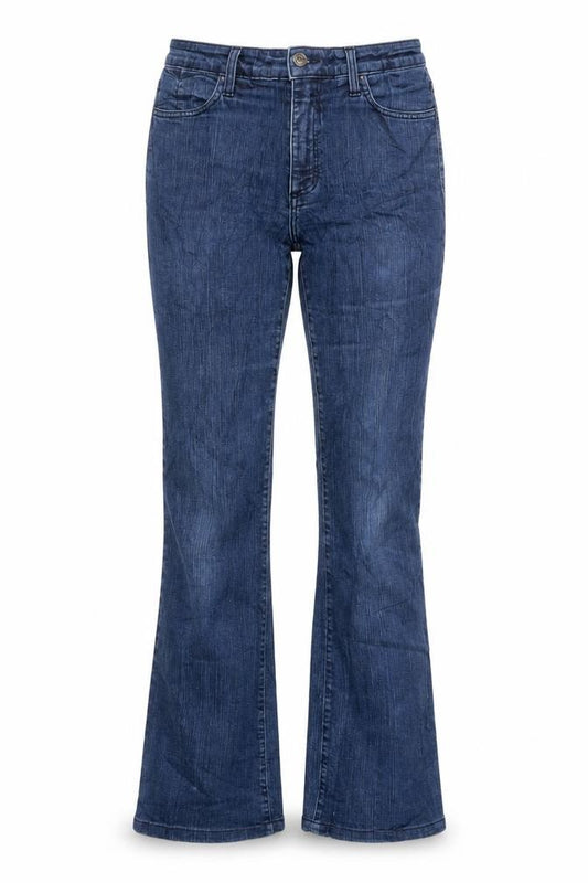 Front view of NYDJ women’s blue cotton bootcut jeans, size UK 28, in, 31-inch leg regular zip - embroidered pockets