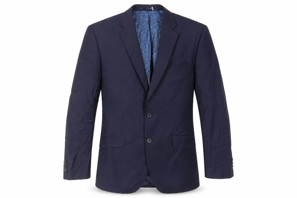 Front view of Simon Carter men’s blue wool jacket suit jacket, size 40, regular