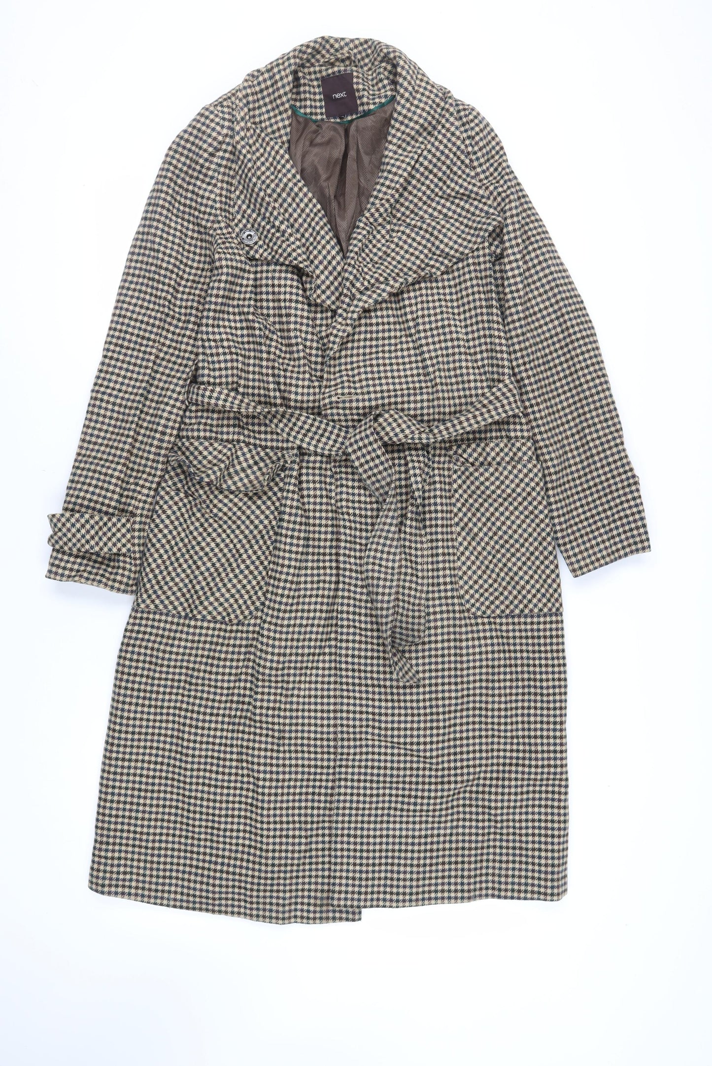 NEXT Womens Beige Geometric Overcoat Coat Size 10 Tie - Belted