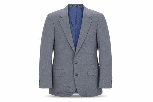 Front view of Harbarry of England men’s blue polyester jacket suit jacket, size 38, regular