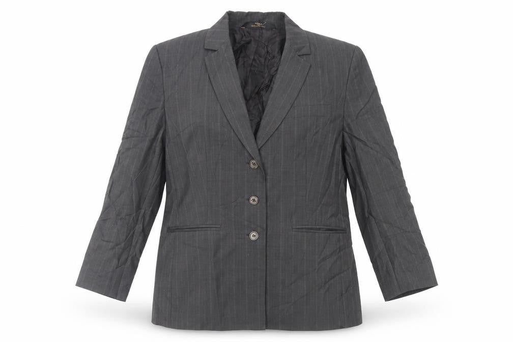 Front view of St Michael women’s grey striped jacket blazer, size UK 14, button - vintage