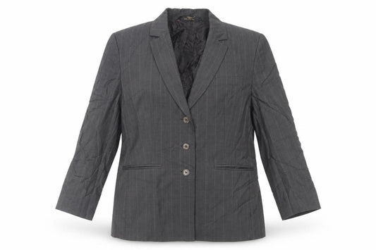 Front view of St Michael women’s grey striped jacket blazer, size UK 14, button - vintage