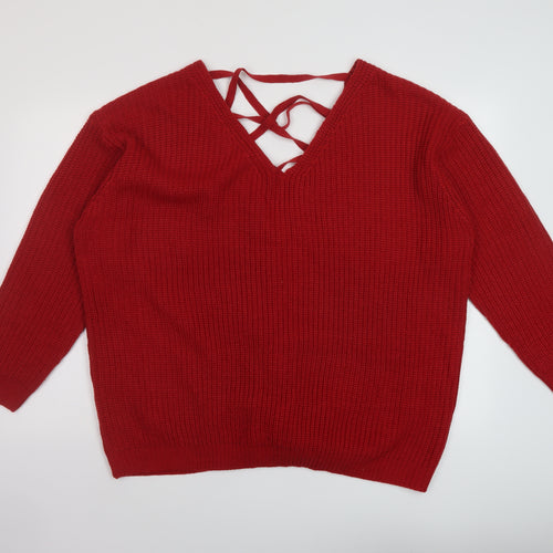 Brave Soul Womens Red V-Neck Acrylic Pullover Jumper Size 18