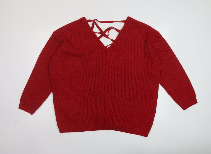 Brave Soul Womens Red V-Neck Acrylic Pullover Jumper Size 18