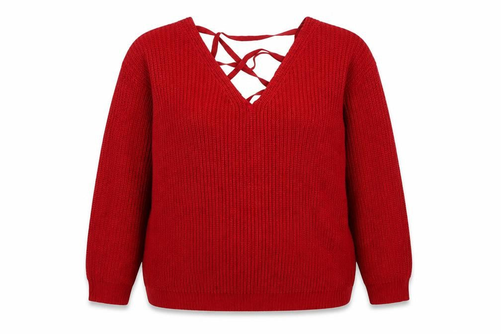 Front view of Brave Soul women’s red v-neck acrylic jumper, size UK 18
