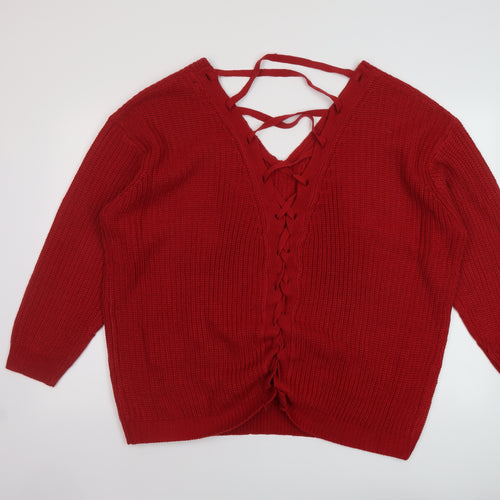 Brave Soul Womens Red V-Neck Acrylic Pullover Jumper Size 18