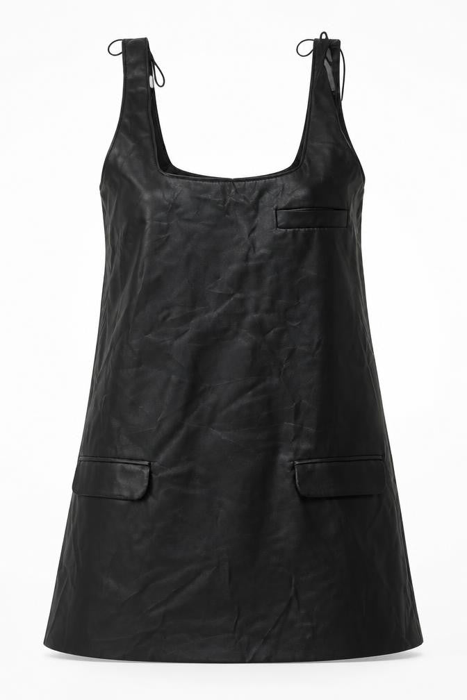 Front view of Zara women’s black polyurethane mini, size XS, square neck pullover