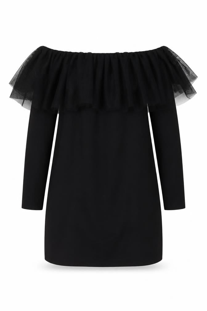 Front view of Zara women’s black polyester mini, size S, square neck pullover