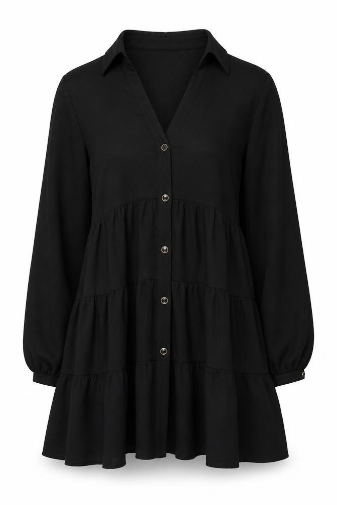 Front view of Zara women’s black polyester a-line, size S, v-neck button