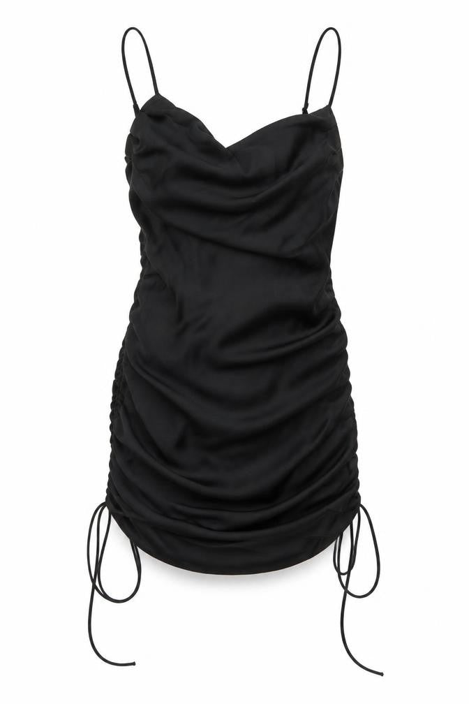 Front view of Zara women’s black polyester mini, size S, cowl neck zip