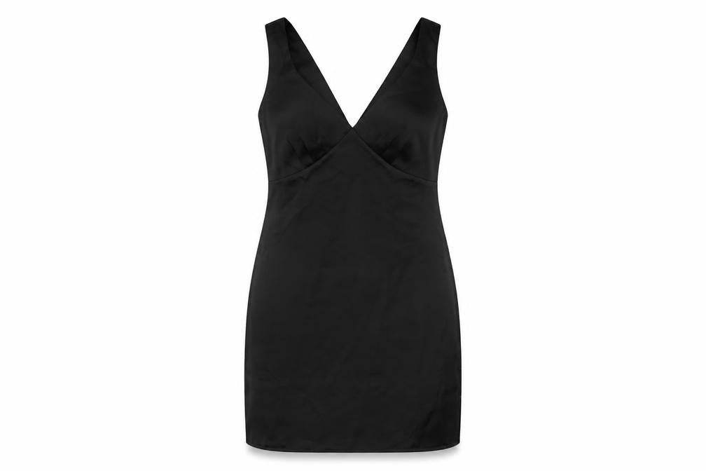 Front view of ASOS women’s black polyester mini, size UK 4, v-neck zip