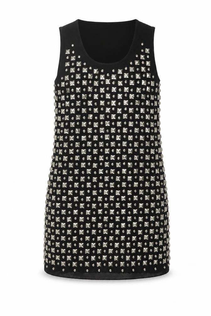 Front view of Layers women’s black polyester mini, size UK 10, round neck pullover