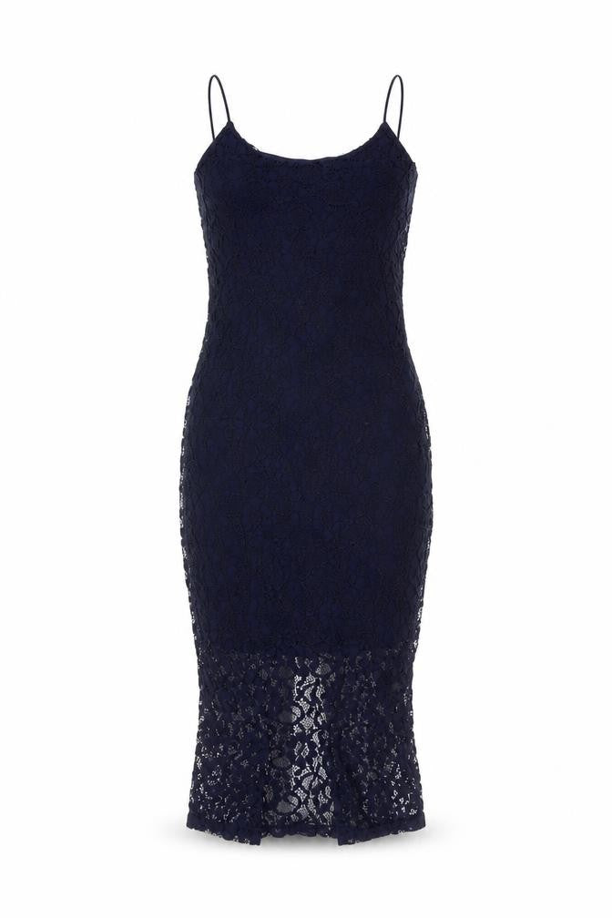 Front view of New Look women’s blue polyamide bodycon, size UK 8, round neck zip