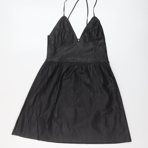 Zara Womens Black Polyester A-Line Size S V-Neck Zip