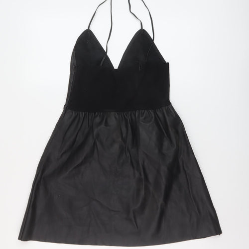 Zara Womens Black Polyester A-Line Size S V-Neck Zip