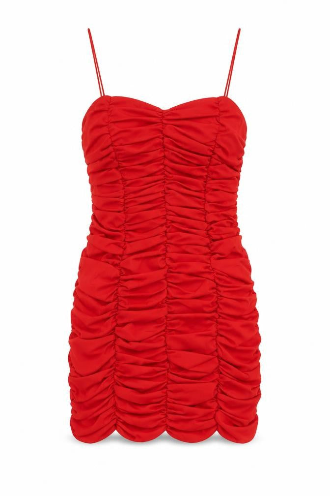 Front view of Bluenile women’s red polyester mini, size UK 10, square neck zip