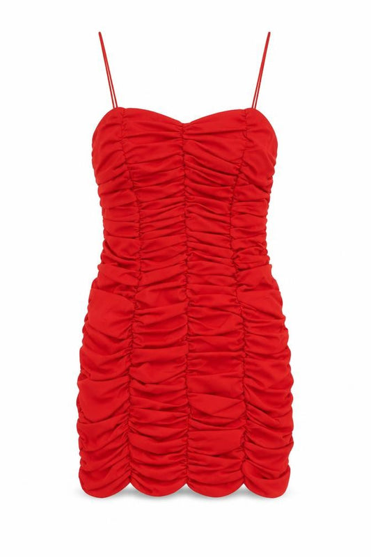 Front view of Bluenile women’s red polyester mini, size UK 10, square neck zip