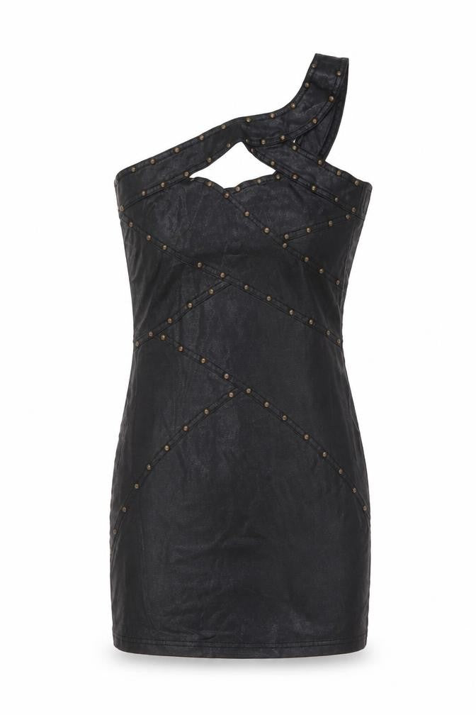 Front view of Miss Selfridge women’s black polyester mini, size UK 8, one shoulder zip