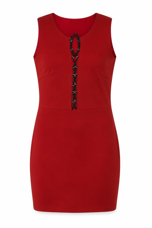 Front view of WYLDR women’s red polyester mini, size XS, round neck zip
