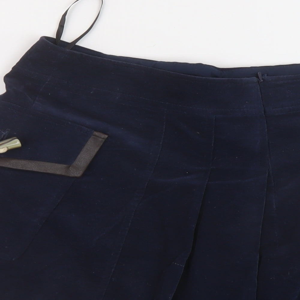 River Island Womens Blue Cotton Skater Skirt Size 10 Zip - Vintage