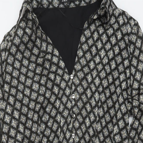 Zara Womens Beige Geometric Viscose A-Line Size S Collared Button