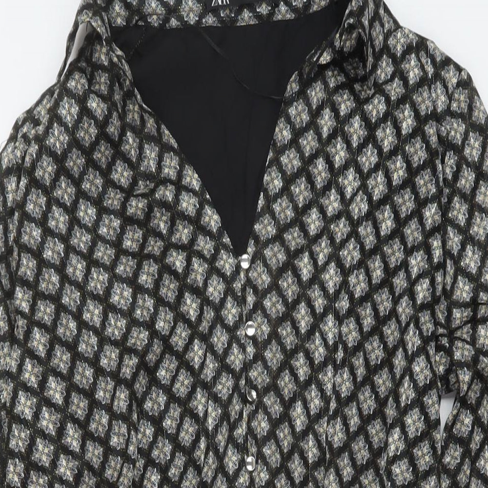Zara Womens Beige Geometric Viscose A-Line Size S Collared Button