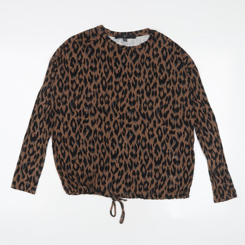 Up! Womens Brown Animal Print Viscose Basic T-Shirt Size XS Crew Neck
