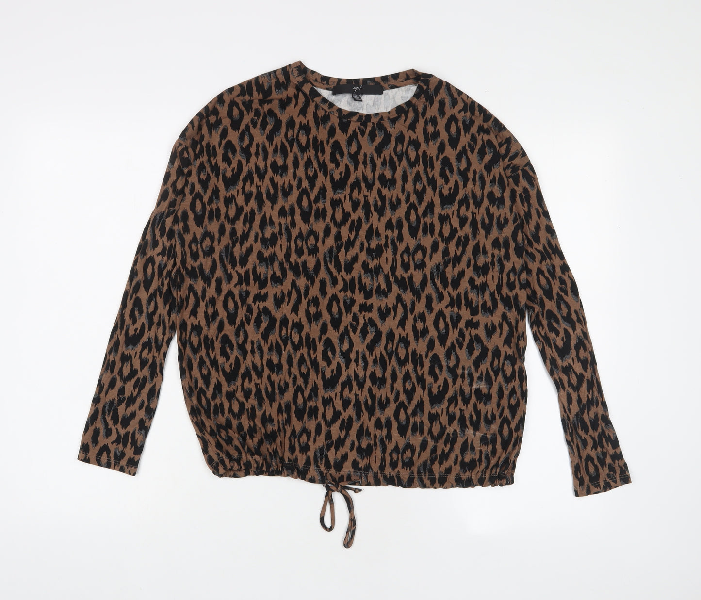 Up! Womens Brown Animal Print Viscose Basic T-Shirt Size XS Crew Neck