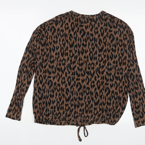 Up! Womens Brown Animal Print Viscose Basic T-Shirt Size XS Crew Neck