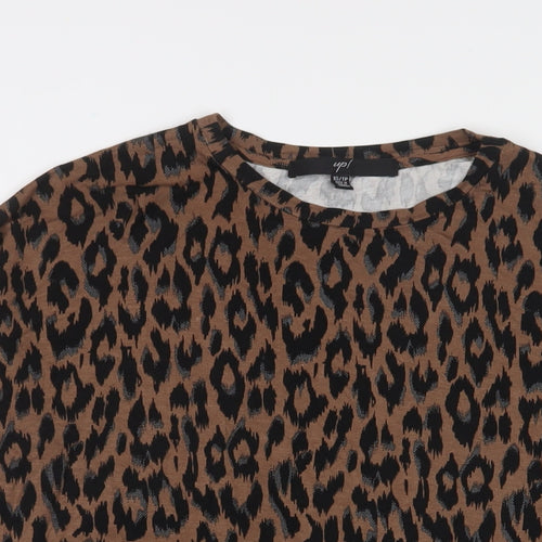Up! Womens Brown Animal Print Viscose Basic T-Shirt Size XS Crew Neck
