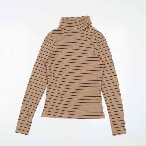 New Look Womens Brown Striped Polyester Basic T-Shirt Size 10 Roll Neck